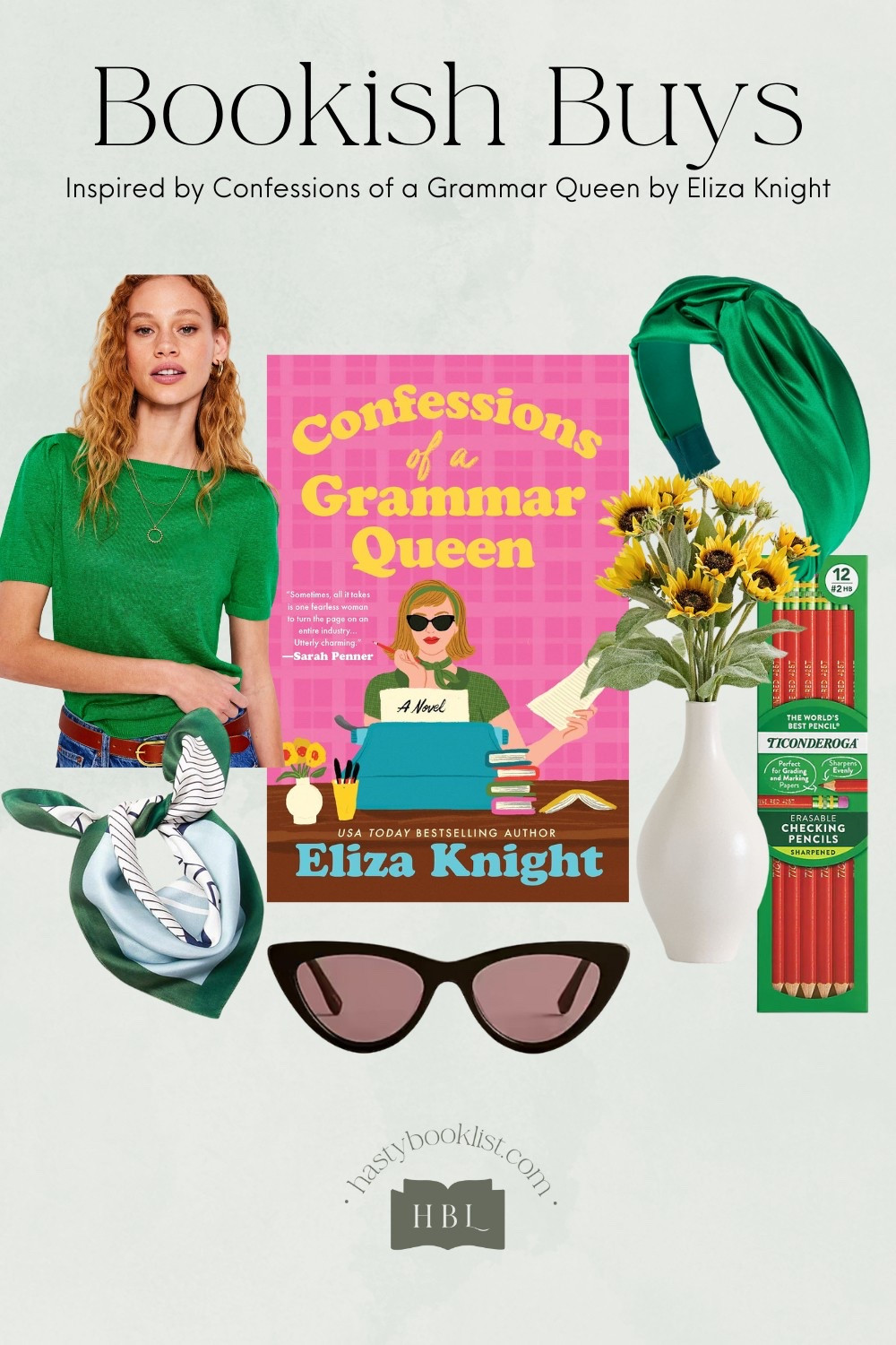 Wearing a kelly green short-sleeve sweater, accessorized with a matching green and blue neck scarf, a bold kelly green headband, and sleek black cat-eye sunglasses doesn’t just make a statement—it *writes* one, in confident, red-penciled edits. Inspired by Bernadette Swift, the fierce, savvy heroine of *Confessions of a Grammar Queen* by Eliza Knight, this look channels ambition, intellect, and unapologetic style. It's the kind of outfit you wear when you're ready to smash the glass ceiling and do it looking fabulous.

Your desk becomes your command center—adorned with a cheerful vase of yellow flowers and sharpened red pencils at the ready, it radiates authority with a touch of elegance. Each pencil is a symbol of power: for every comma corrected, every sentence refined, every unjust policy challenged. Because Bernadette isn’t just a copyeditor; she’s a crusader for change. She’s out to claim her place at the head of the publishing table—and look flawless while doing it.

That green sweater? It’s your armor. The scarf and headband? Your crown. The sunglasses? Your shield from the doubters. And your carefully curated desk setup? A reminder that details matter—whether you're editing manuscripts or dismantling misogyny in a 1960s Manhattan office.

Like Bernadette, when you step into this look, you’re not just showing up—you’re taking up space, rewriting rules, and inspiring the next generation of women to do the same. So sit tall, sharpen your pencil, and smooth that scarf. The world better make room—because the Grammar Queen has entered the scene. And she *means* business.


#LTKStyleTip #LTKGiftGuide #LTKSummerEdit