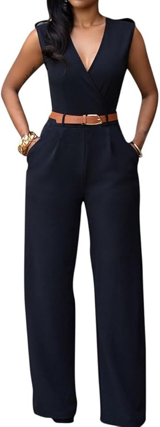 Pink Queen Jumpsuits for Women Dressy V Neck Sleeveless Wide Leg Long Pants Rompers | Amazon (US)