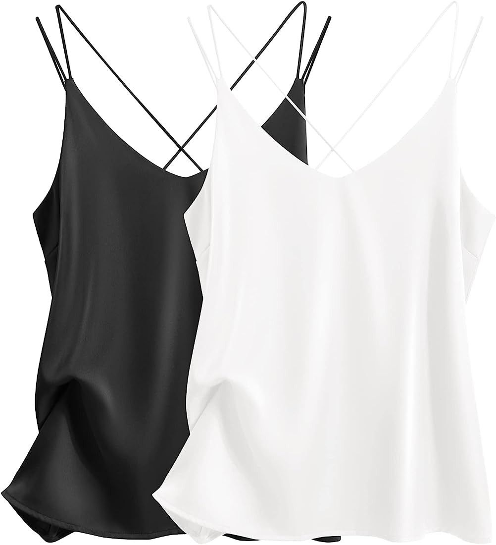 Ekouaer Womens 2-Pack Silk Satin Camisole Tank Top V Neck Sexy Cross Back Spaghetti Strap Cami Sl... | Amazon (US)