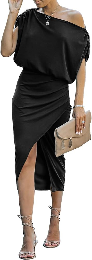 Leaduty Women's Off The Shoulder Sexy Formal Cocktail Dress Ruched Front Slit Bodycon Wrap Elegan... | Amazon (US)