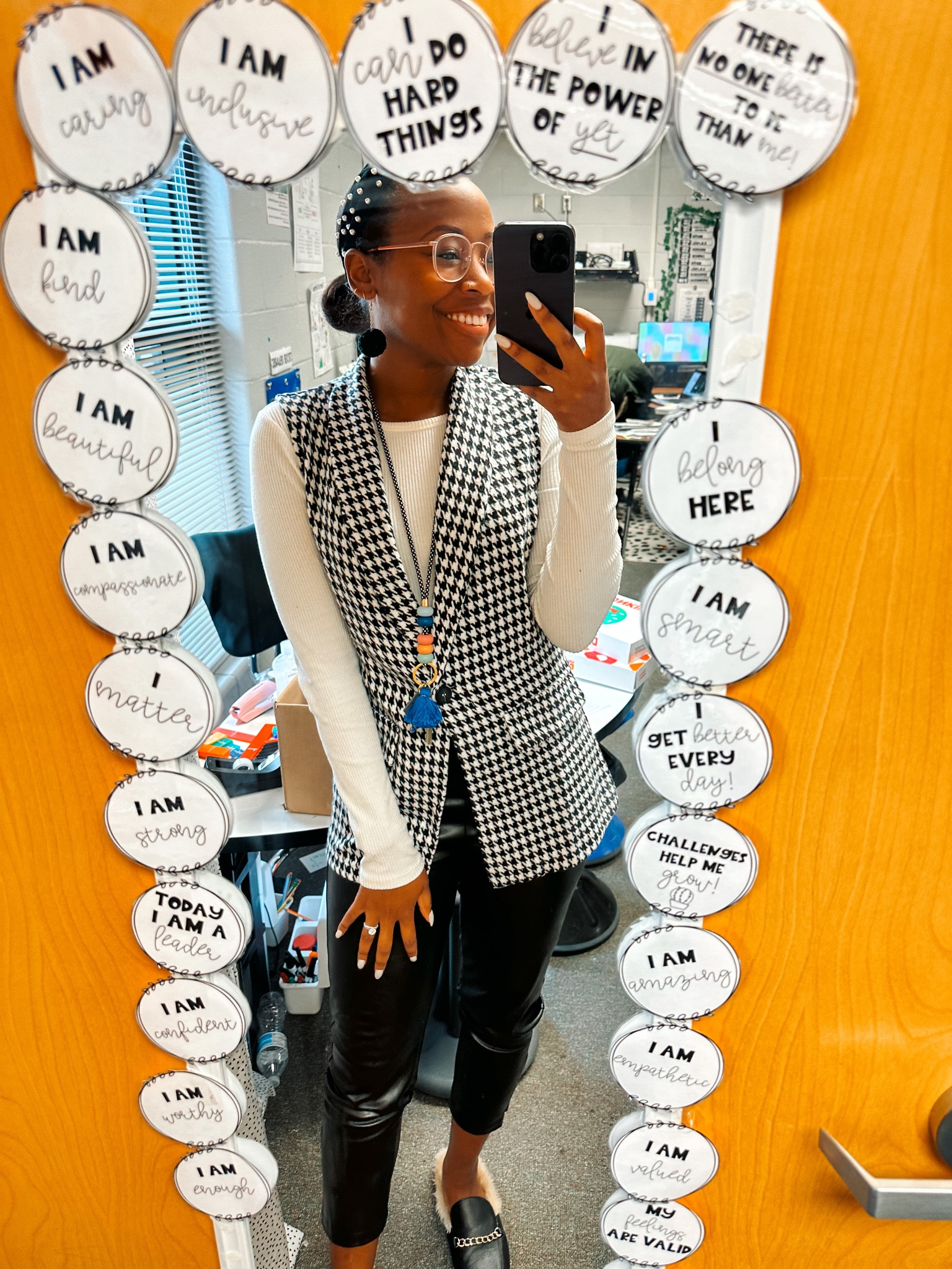 Teacher OOTD: houndstooth blazer vest and leather pants 

#LTKunder50 #LTKstyletip #LTKworkwear