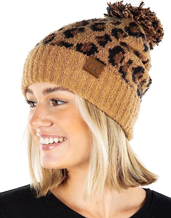 Funky Junque Womens Knit Leopard Print Faux Fur Pom and Cuff Beanies and Scarves | Amazon (US)