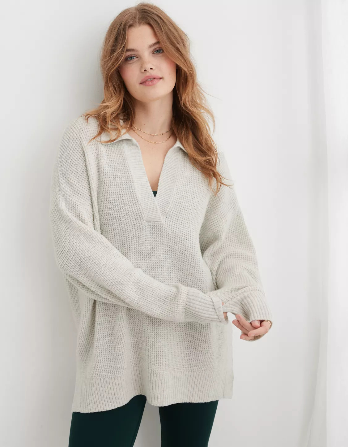 Aerie CozyUp Waffle Polo Sweater | American Eagle Outfitters (US & CA)