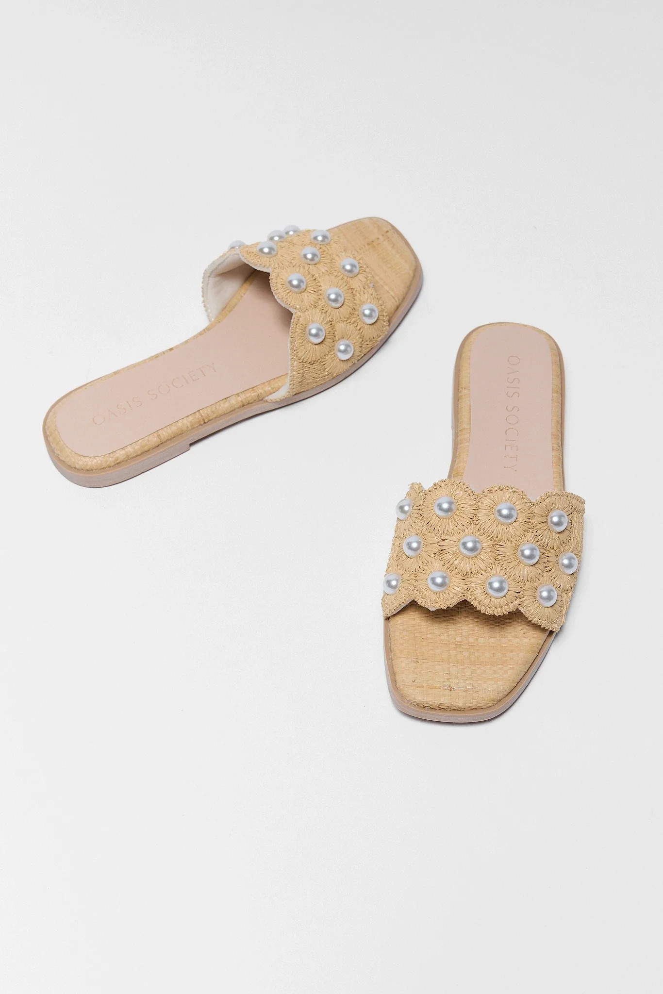 Tan Pearl Raffia Slide Sandals | Avara