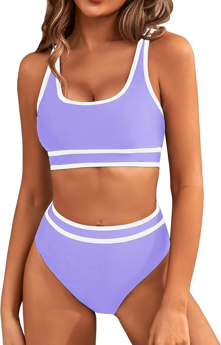 BMJL Women's High Waisted Bikini Sets Sporty Two Piece Swimsuits Color Block Cheeky High Cut Bath... | Amazon (US)