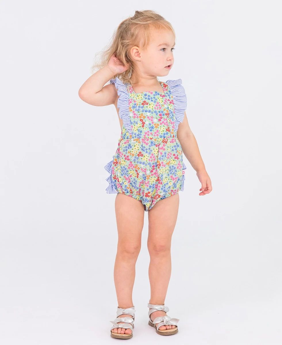 Pinafore Cross-Back Woven Romper | RuffleButts / RuggedButts