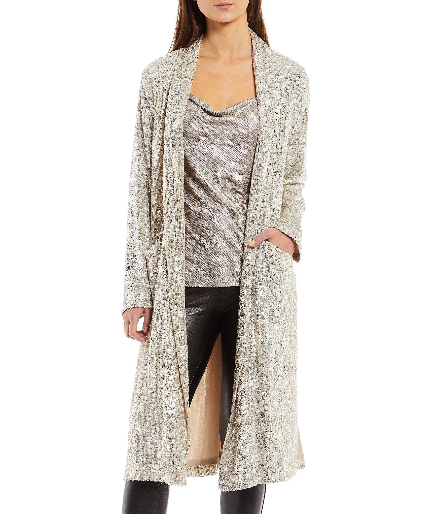 The Show Stopper Open Front Long Sleeve Sequin Duster | Dillards