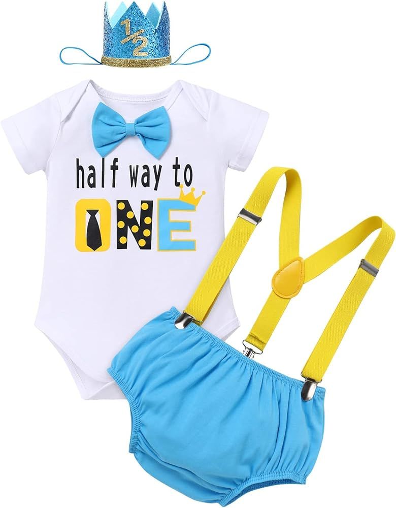 My 1/2 Birthday Outfit Boy Baby Half Way to One Cake Smash Photo Props Romper Suspenders Bloomers... | Amazon (US)