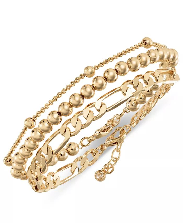 Gold-Tone 3-Pc. Set Polished Ball & Figaro Link Chain Bracelets | Macy's