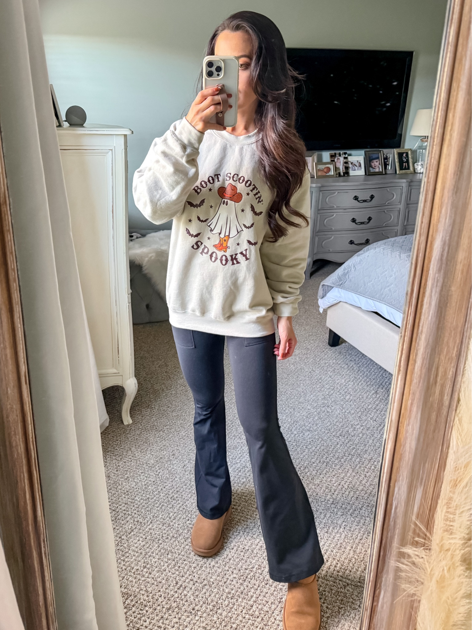 Halloween sweater. Flare pants. Comfy outfit. Lounge outfit. Mini uggs. Ultra mini uggs. Fall fashion  

#LTKshoecrush #LTKSeasonal #LTKHalloween