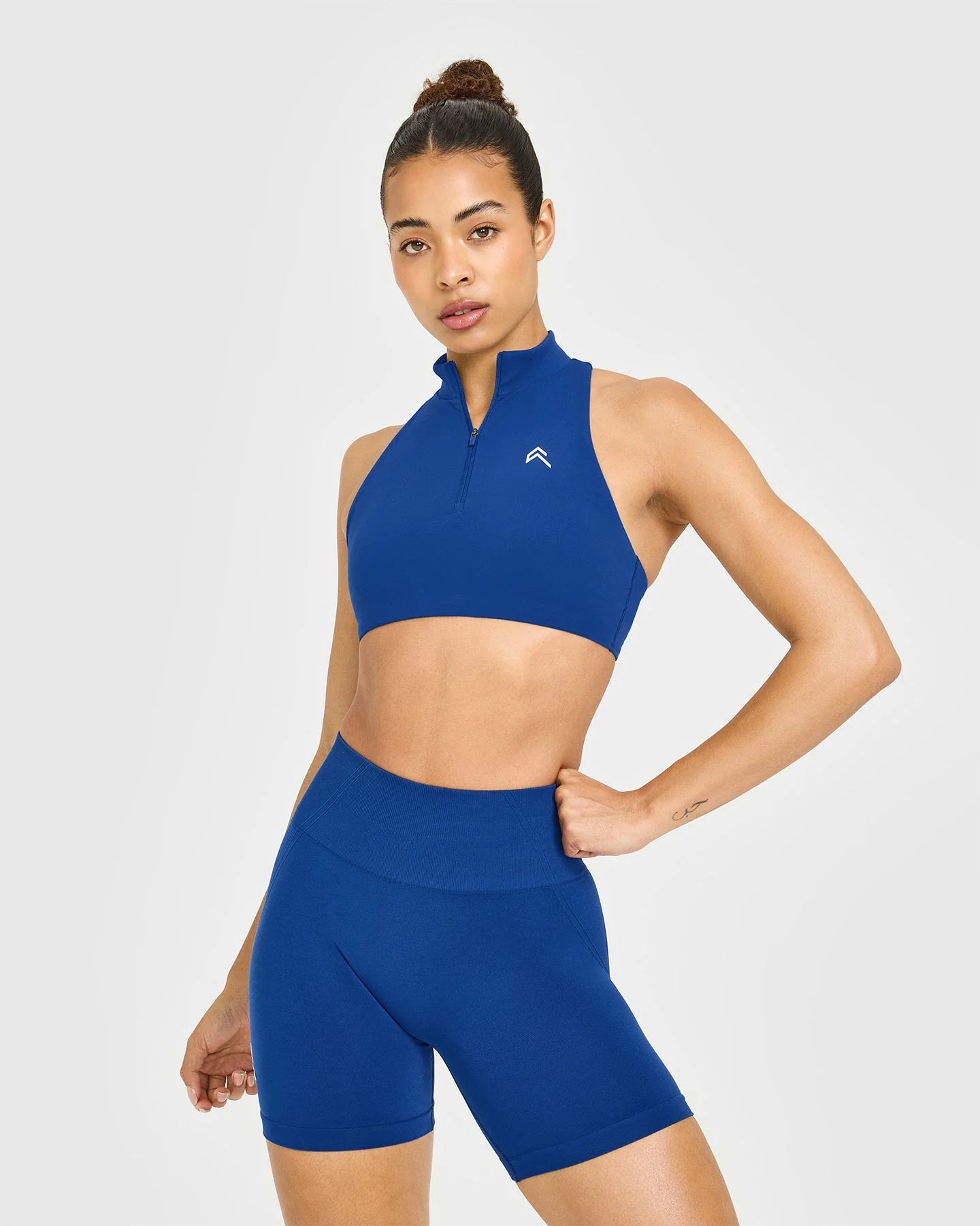 EasyLift™ Zip High Neck Sports Bra with White Logo 
 Vintage Navy | Oner Active (UK / US)