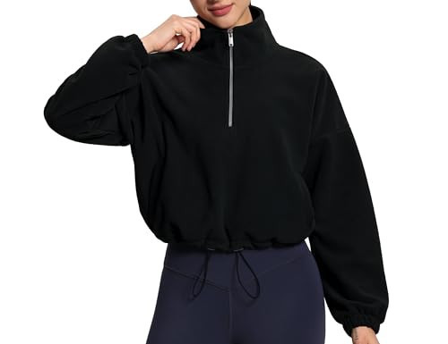 THE GYM PEOPLE Women’s Half Zip Crop Pullover Sweatshirt Fleece Stand Collar Workout Tops with Pockets Drawstring Hem Black | Amazon (US)