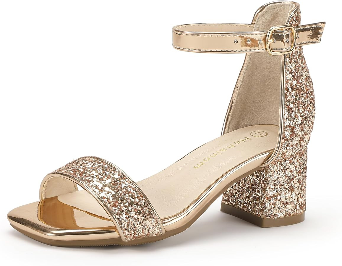 HEHAINOM Girls Dress Shoes Heels Sandals Little Big Kids Square-Toe Ankle Strap Wedding Party Flo... | Amazon (US)