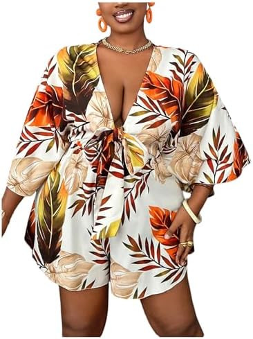 WDIRARA Women's Plus Size Deep V Neck Tie Front Romper Boho Wide Leg Shorts Jumpsuit | Amazon (US)