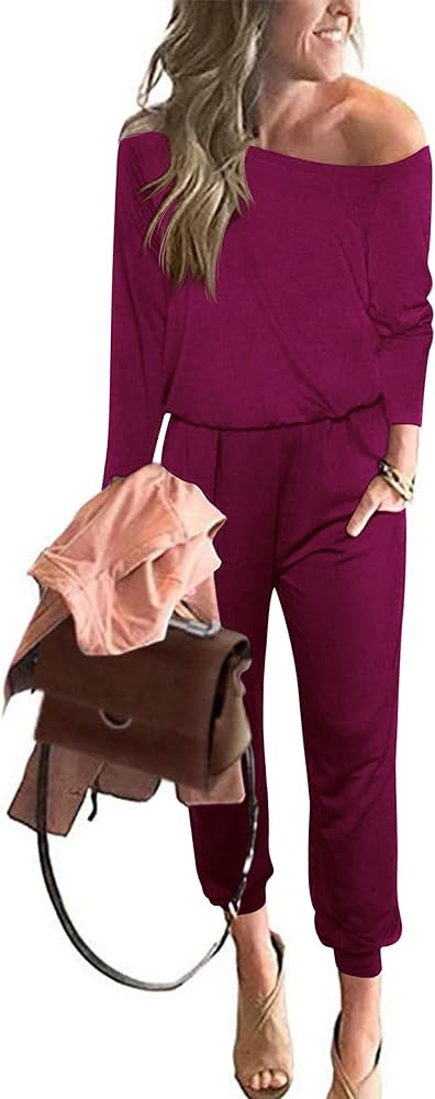 PRETTYGARDEN Women's Casual Long Sleeve Jumpsuit Crewneck One Off Shoulder Elastic Waist Stretchy... | Amazon (US)