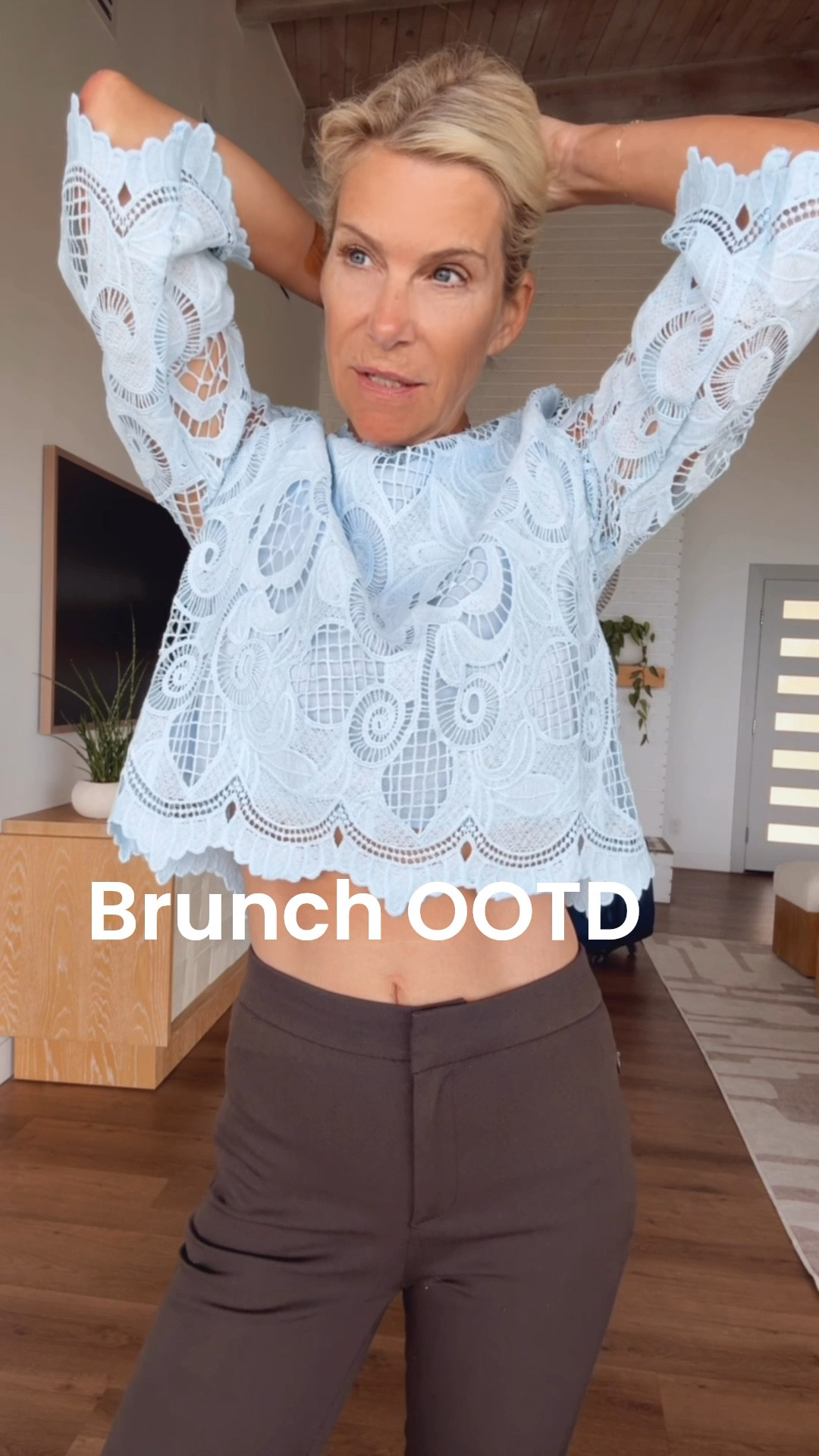 Perfect casual brunch outfit!  Living this light blue lace top with slim brown pants and jelly flats.  Perfection on a cloudy day :)

#LTKootd #LTKTravel #LTKOver40