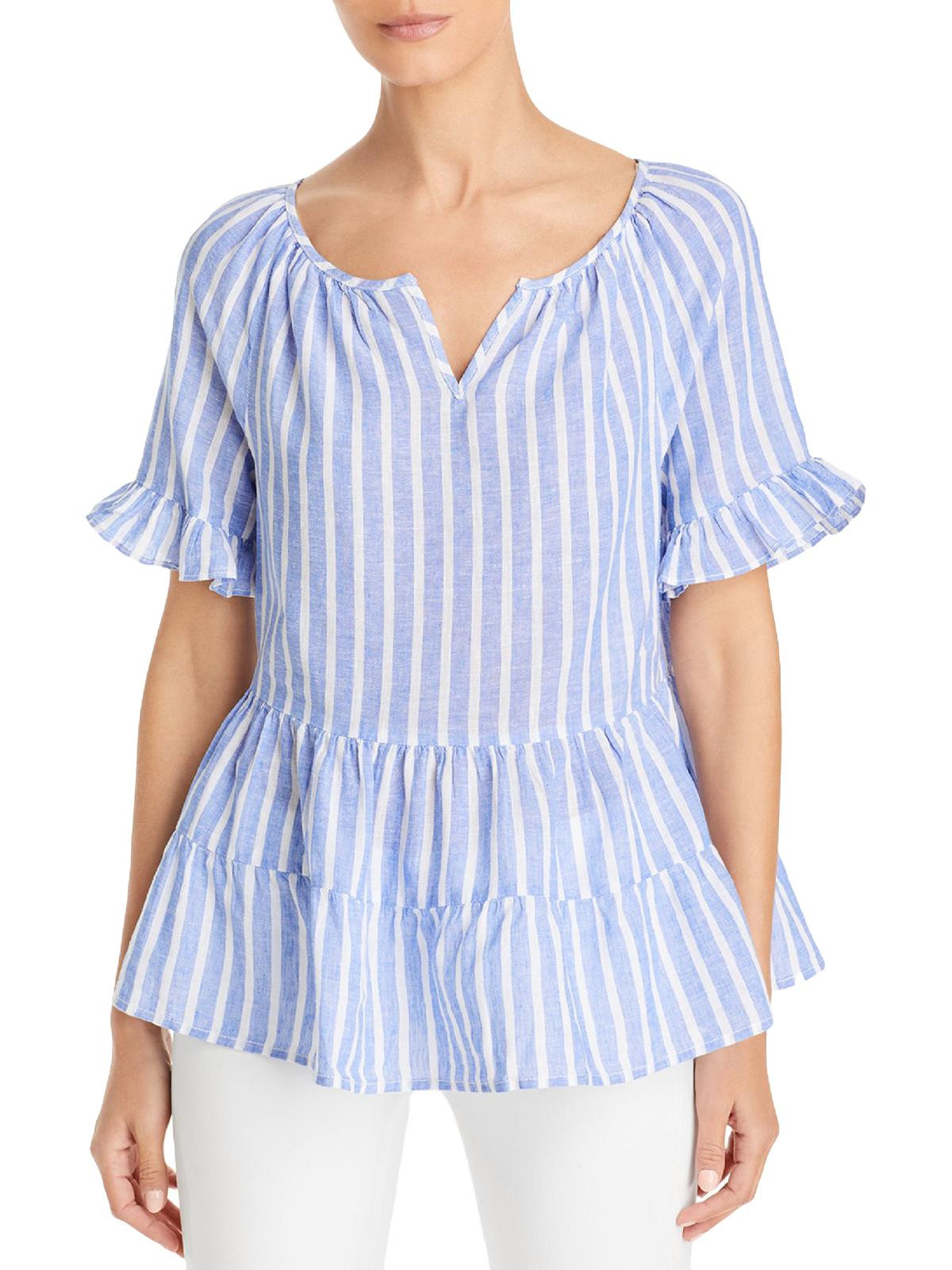 Beach Lunch Lounge Womens Akia Linen Striped Peplum Top Blue S | Walmart (US)