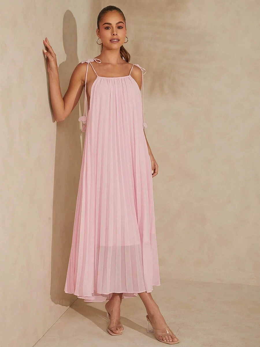L'Amorae Pleated 3D Flower Strap Tie Detail Pink Maxi Dress, Elegant Dresses For Women, Vacation | SHEIN