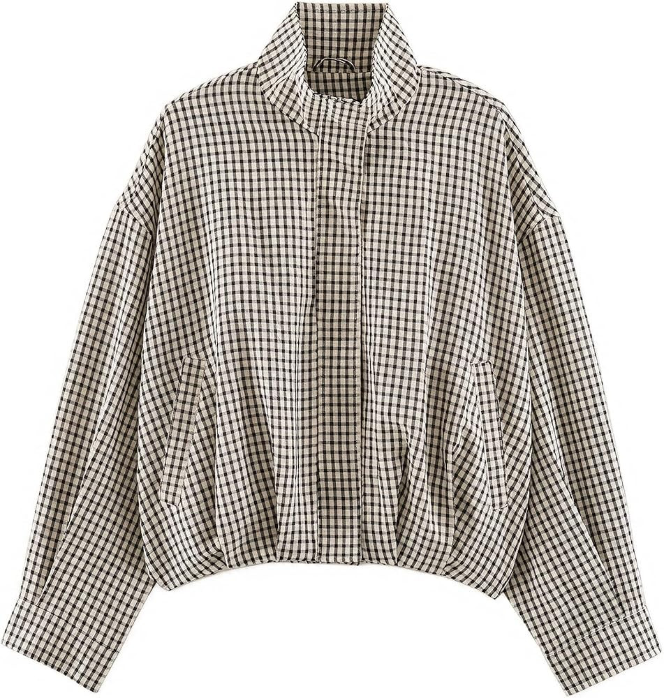 Women's Plaid Bomber Jacket, Stand Collar Zip Up Casual Coat | Amazon (US)