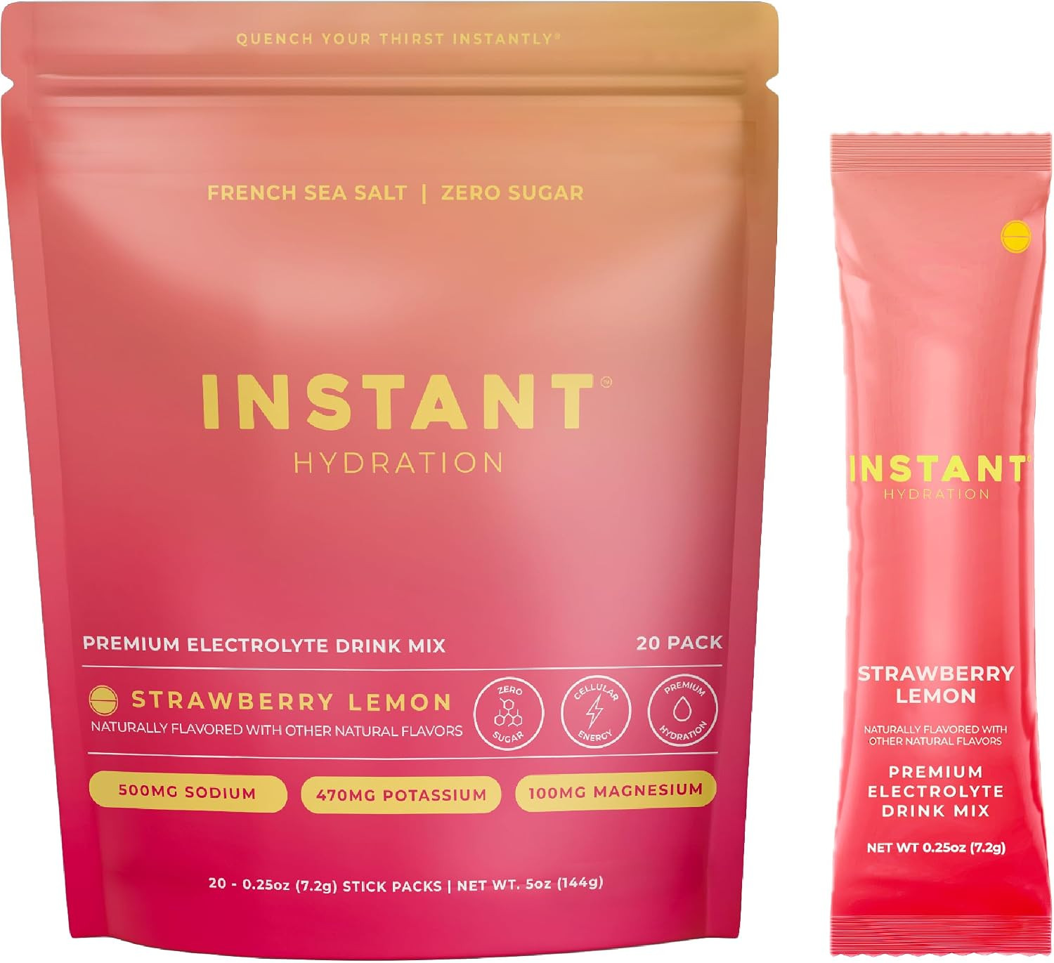 Instant Hydration Sugar Free Electrolytes Powder Packets - Strawberry Lemon Electrolyte Drink Mix & Travel Essentials - Post Workout Recovery, Brain Health, Muscle & Tissue Support - 20 Sticks | Amazon (US)