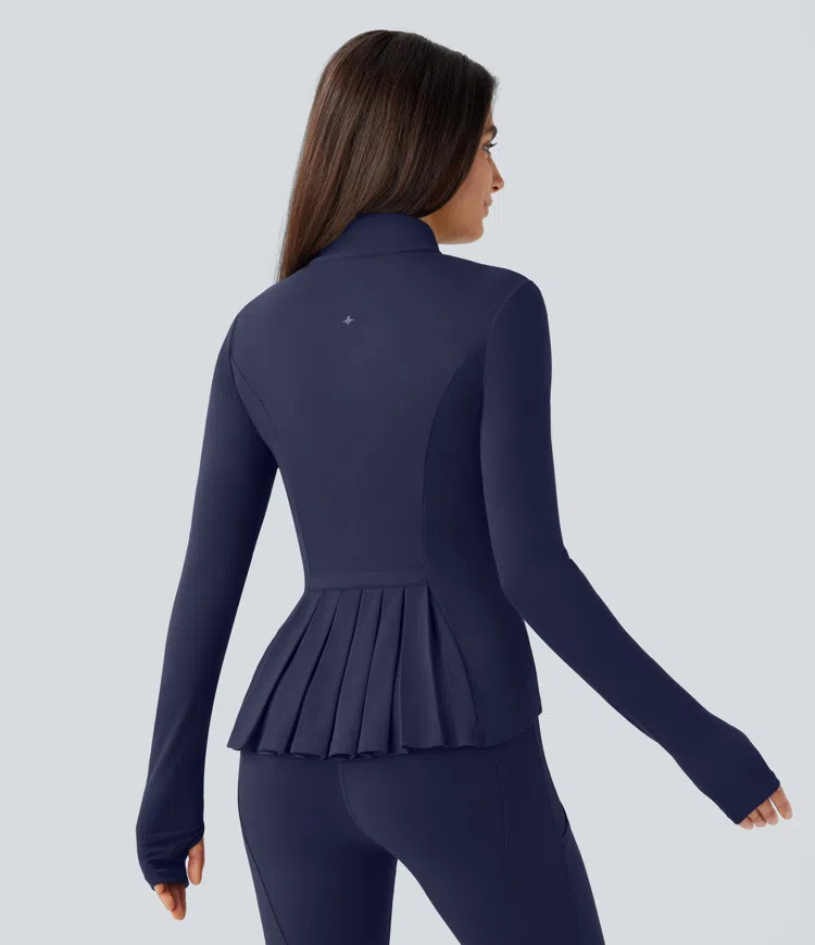 Women’s SoftlyZero™ Stand Collar Thumb Hole Pockets Pleated Zipper Slim Jacket-UPF50+ - Halar... | HALARA
