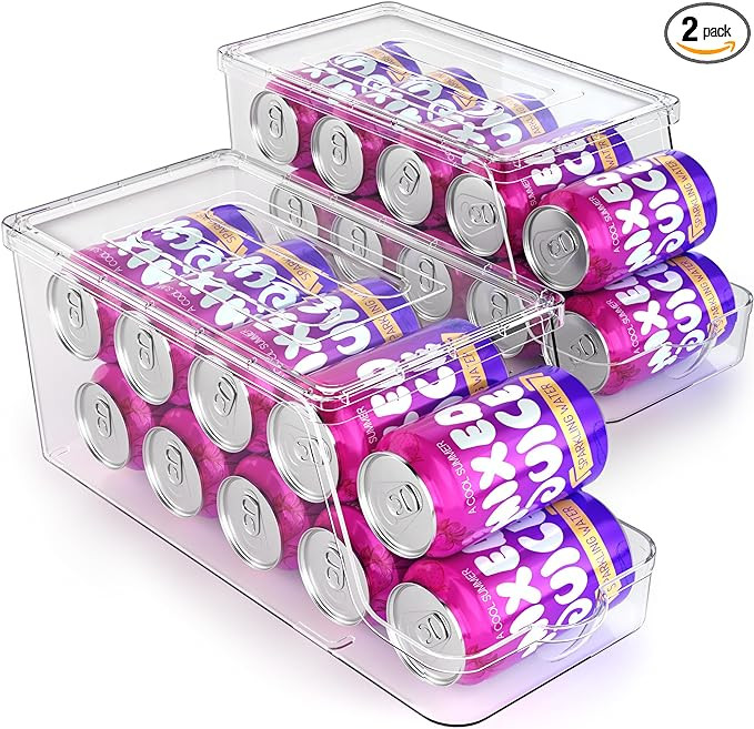 Soda Can Dispenser for Refrigerator with Lids, Stackable Drink Organizer for Fridge, Clear Plasti... | Amazon (US)