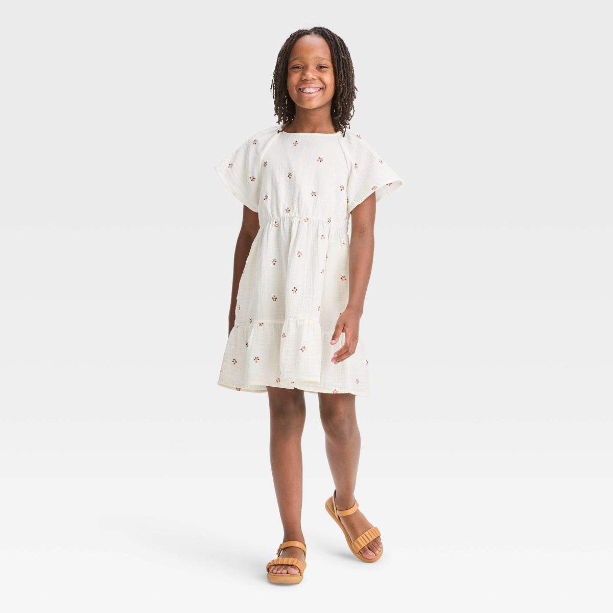 Girls' Short Sleeve Embroidered Woven Dress - Cat & Jack™ Cream | Target
