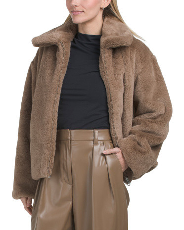 Faux Fur Zip Front Jacket With Cuffed Sleeves | TJ Maxx