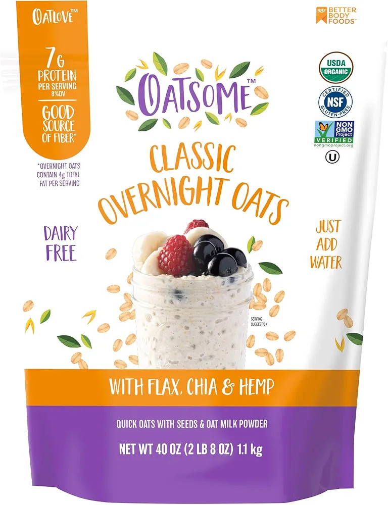 Oatsome Organic Overnight Oats with Chia, Flax, & Hemp, Gluten-Free Oatmeal with 7g of Protein, 2... | Amazon (US)