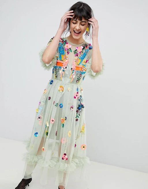 ASOS EDITION Bird Embellished Smock Midi Dress | ASOS UK