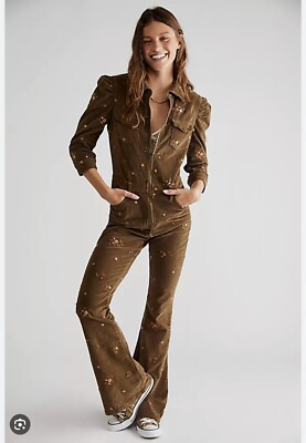 NWT Driftwood Farrah Flared Corduroy Floral Embroidrd Jumpsuit Brown Mimosa M  | eBay | eBay US