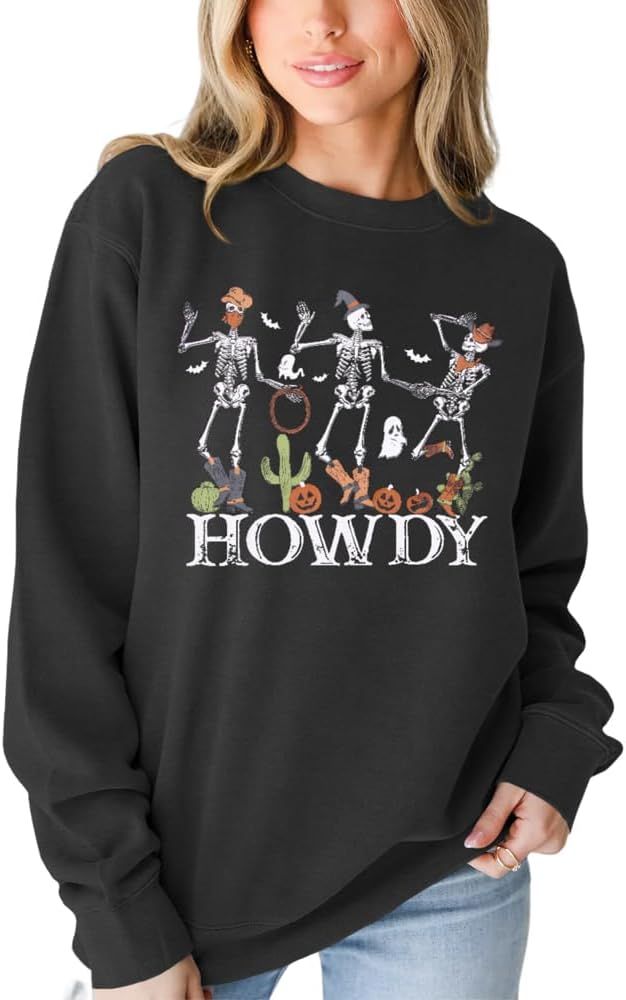 IZYJOY Halloween Western Skeleton Sweatshirt Women Howdy Pumpkin Skull Dancing Pullover Top Spook... | Amazon (US)