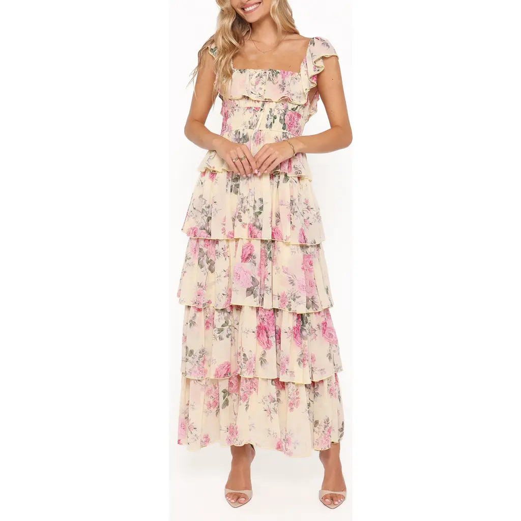Petal & Pup Belle Swiss Dot Tulle Tiered Maxi Dress in Yellow Floral at Nordstrom, Size Small | Nordstrom