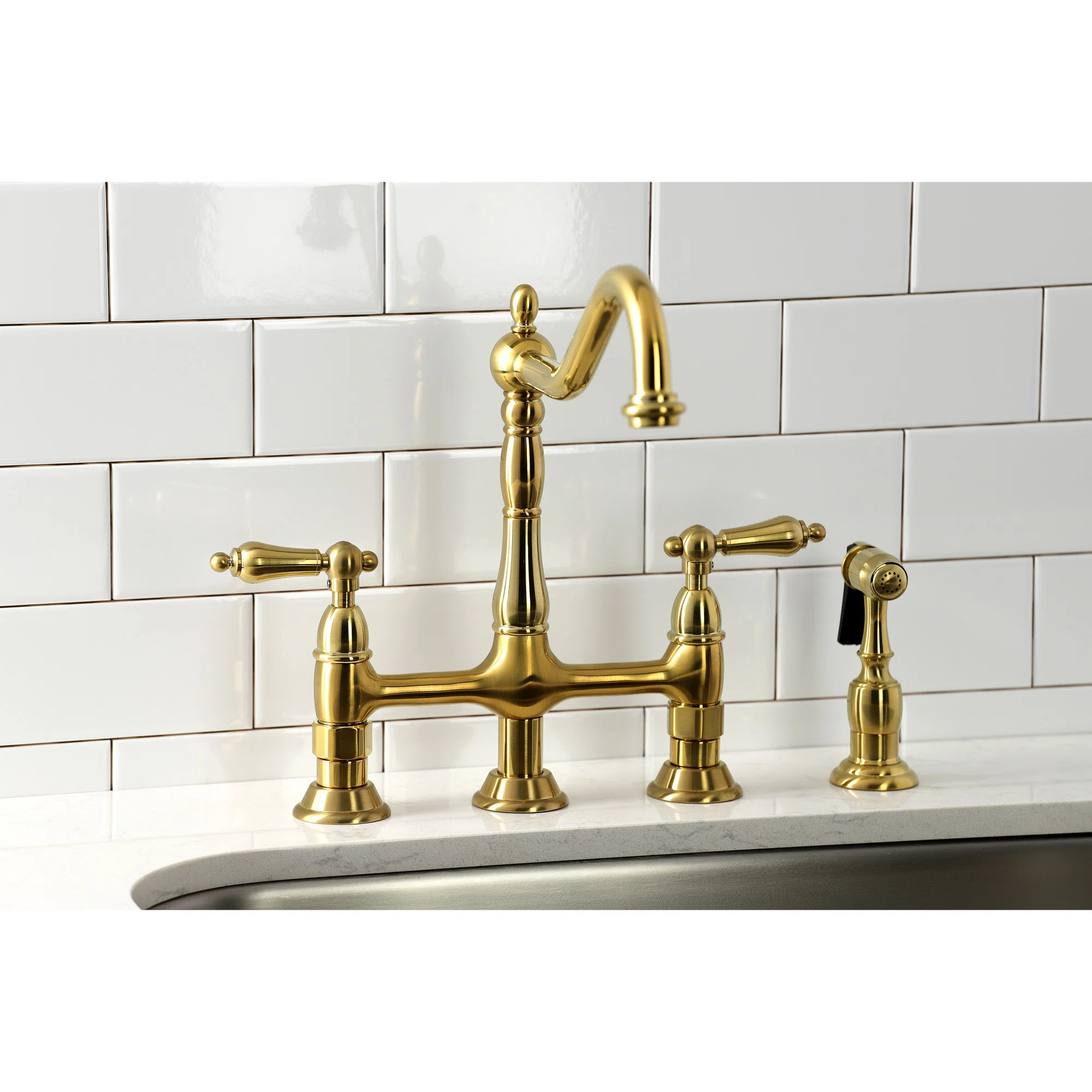 Kingston Brass Heritage Two-Handle 4-Hole Deck Mount Bridge Kitchen Faucet with Brass Side Spraye... | Wayfair North America