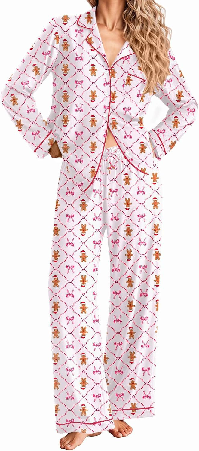 Ekouaer Women Christmas Pajama Long Sleeve Button Up Loungewear Striped Pjs | Amazon (US)