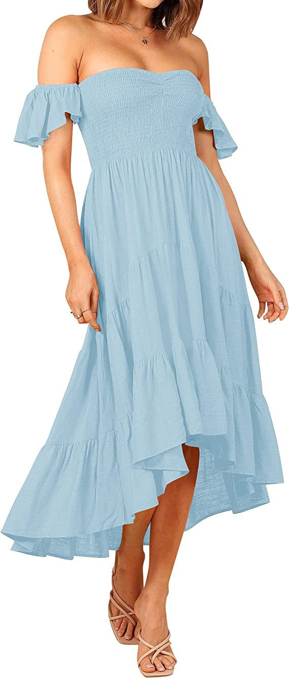 ZESICA Women's Summer Boho Off Shoulder Short Sleeve Smocked Ruffle Swing High Low Mermaid Cockta... | Amazon (US)