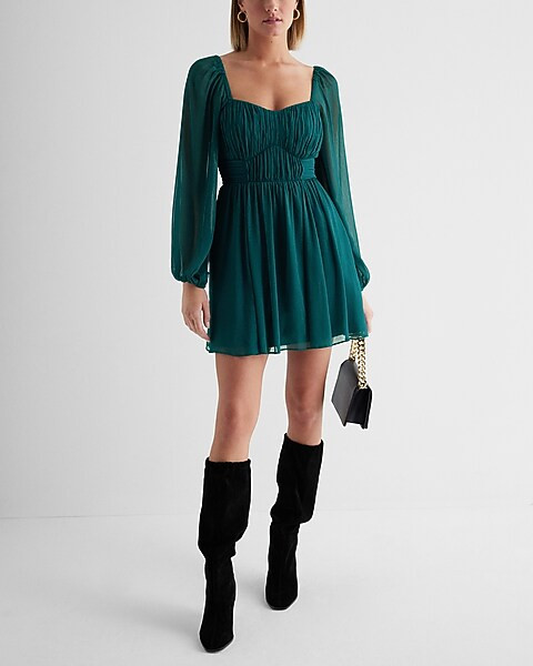 Sweetheart Neckline Long Sleeve Mini Babydoll Dress | Express