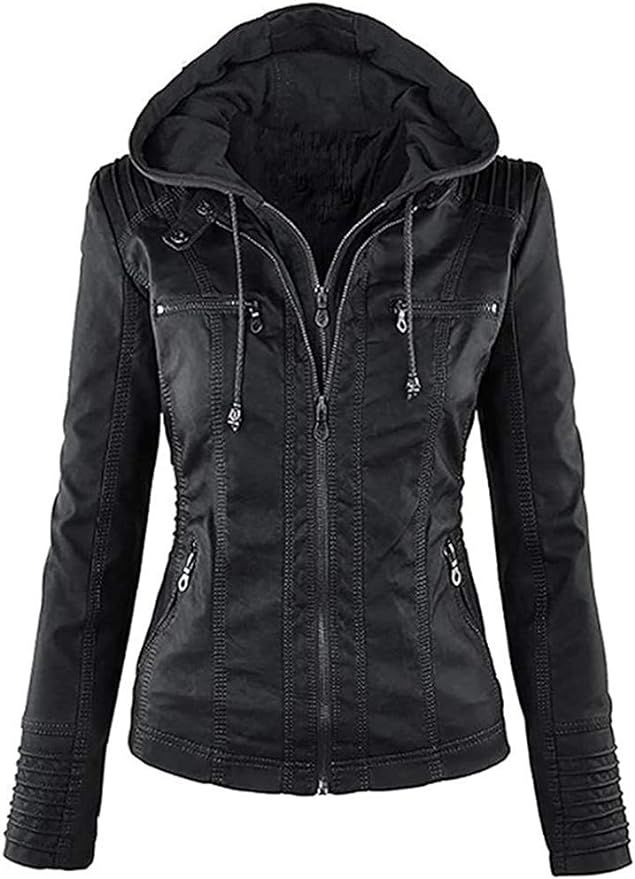 Seamido Women's Faux Leather Jacket Removable Hoooded Leather Jackets | Amazon (US)