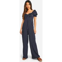 Womens Milkmaid Polka Dot Jumpsuit - Navy - 10 | boohoo (US & Canada)
