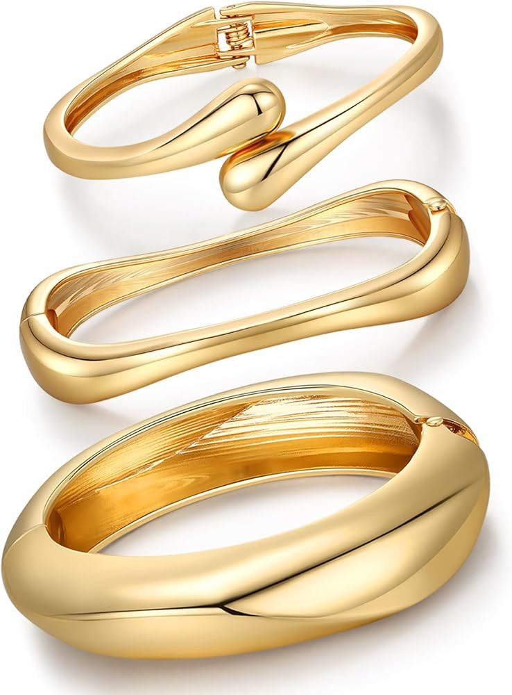 Chunky Gold Bangle Bracelets for Women Trendy 14K Gold Plated Cuff Bracelets Stack, Dainty Bracel... | Amazon (US)