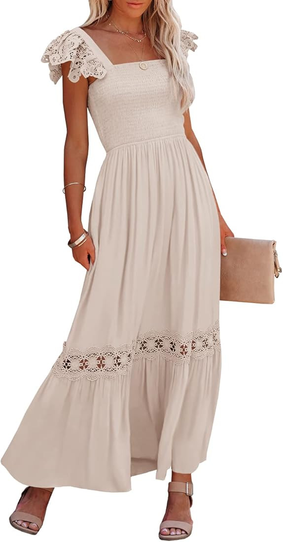 Ferlema Womens Summer Boho Lace Strap Sleeveless Square Neck Ruffle A Line Flowy Beach Long Maxi ... | Amazon (US)