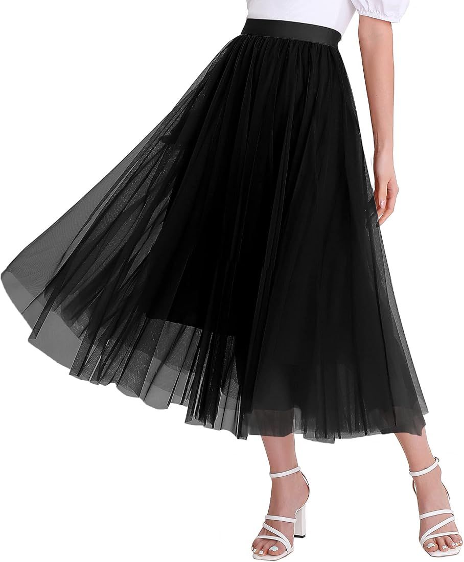 Women’s Tulle Skirts Midi Elastic High Waist Pleated Mesh Flowy A-Line Party Long Tutu Skirts… | Amazon (US)