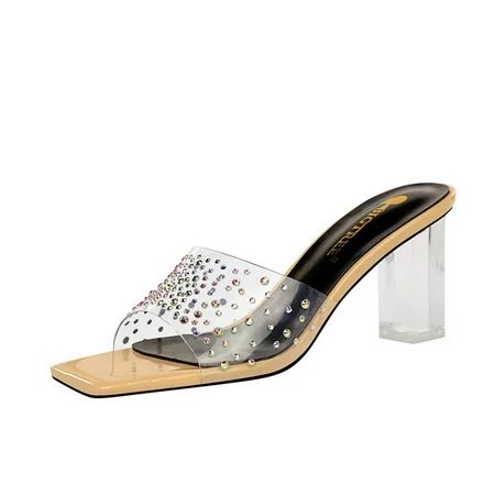 IELGY Korean fashion crystal heel square toe open-toe rhinestone sandals Nude | Walmart (US)