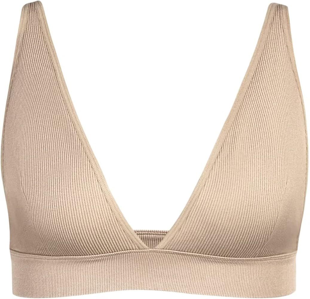 INIBUD Bralette for Women Summer Yoga Sports Ribbed Plunge Cami Bra Seamless V Neck Triangle Comf... | Amazon (US)