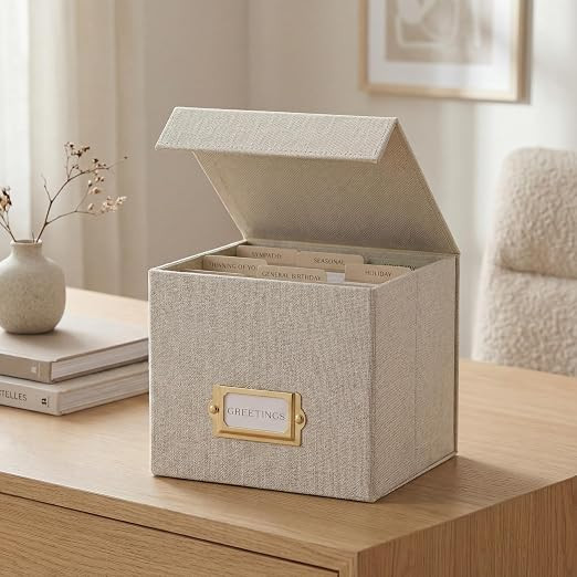 ZICOTO Beautiful Greeting Card Organizer Box With Dividers - Sturdy Linen Storage Box Easily Orga... | Amazon (US)