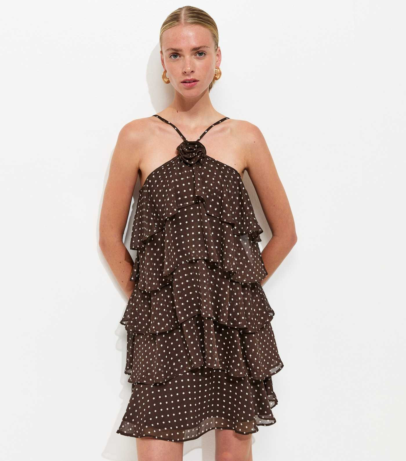 Brown Polka Dot Ruffle Halterneck Mini Dress | New Look | New Look (UK)