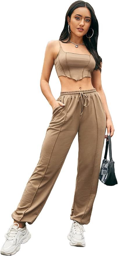 OYOANGLE Women's 2 Piece Sweatsuit Cami Crop Top and Sweatpants Set Tracksuit | Amazon (US)