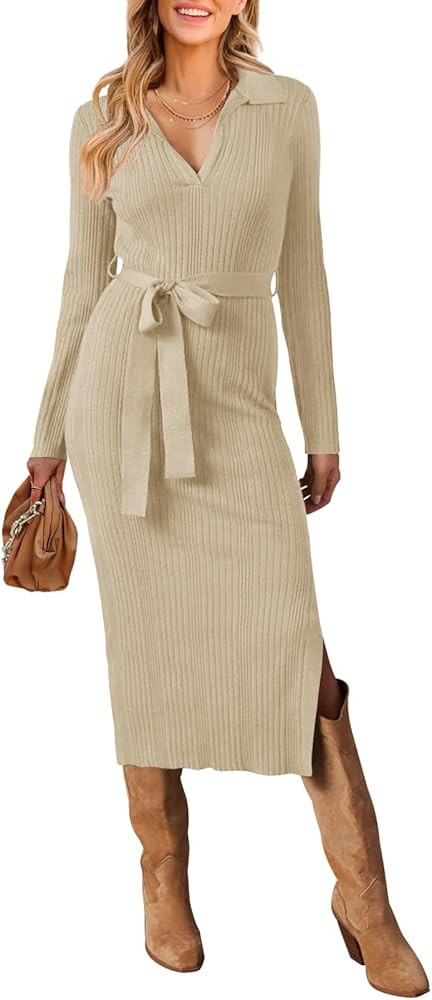 MEROKEETY Women's 2024 Fall Sweater Dress Long Sleeve Collared V Neck Slit Knit Bodycon Midi Dres... | Amazon (US)