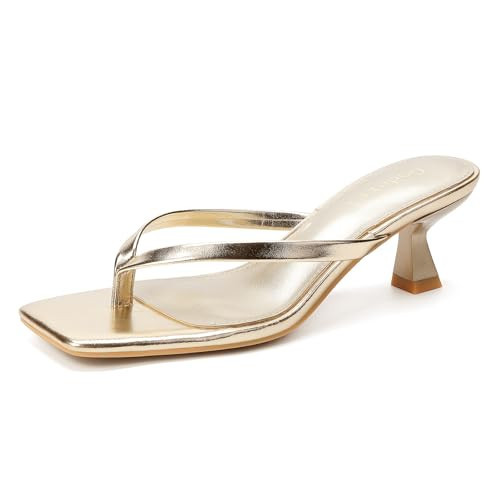 Goderci Kitten Flip Flop Thong Low Heels for Women Square Open Toe Slip On Heeled Sandals(9.5,Matte Gold) | Amazon (US)