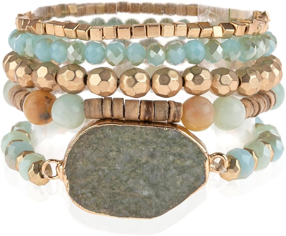 RIAH FASHION Bohemian Multi Layer Beaded Strand Stack Bracelets - Sparkly Crystal, Natural Stone ... | Amazon (US)